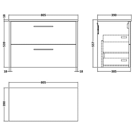 Hudson Reed Juno Wall Hung Double Drawer 800mm Vanity & Matching Worktop (1 size, 5 colours) - Brand New Bathrooms