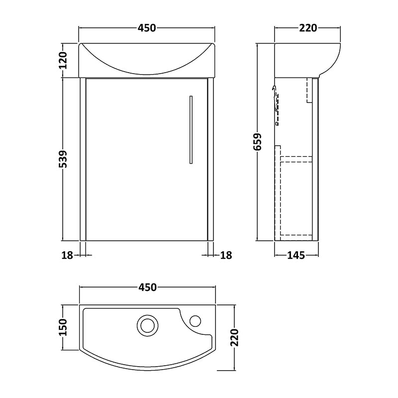 Hudson Reed Juno Compact Wall Hung Single Door 440mm Unit & 1 Tap Hole Left Handed Ceramic Basin (1 size, 5 colours) - Brand New Bathrooms