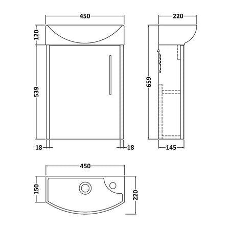 Hudson Reed Juno Compact Wall Hung Single Door 440mm Unit & 1 Tap Hole Left Handed Ceramic Basin (1 size, 5 colours) - Brand New Bathrooms