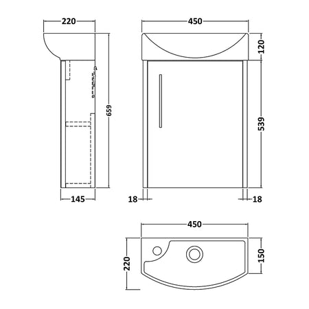 Hudson Reed Juno Compact Wall Hung Single Door 440mm Unit & 1 Tap Hole Right Handed Ceramic Basin (1 size, 3 colours) - Brand New Bathrooms