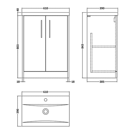 Hudson Reed Juno Floor Standing Double Door 600mm Vanity & Mid-Edge 1 Tap Hole Vitreous China Basin (1 size, 3 colours) - Brand New Bathrooms