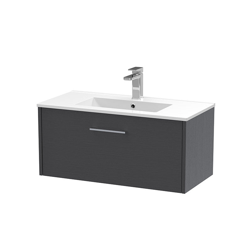 Hudson Reed Juno Wall Hung Single Drawer 800mm Vanity & Minimalist 1 Tap Hole Vitreous China Basin (1 size, 5 colours) - Brand New Bathrooms