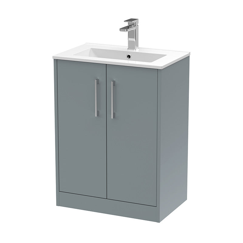 Hudson Reed Juno Floor Standing Double Door 600mm Vanity & Minimalist 1 Tap Hole Vitreous China Basin (1 size, 3 colours) - Brand New Bathrooms
