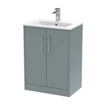 Hudson Reed Juno Floor Standing Double Door 600mm Vanity & Minimalist 1 Tap Hole Vitreous China Basin (1 size, 3 colours) - Brand New Bathrooms