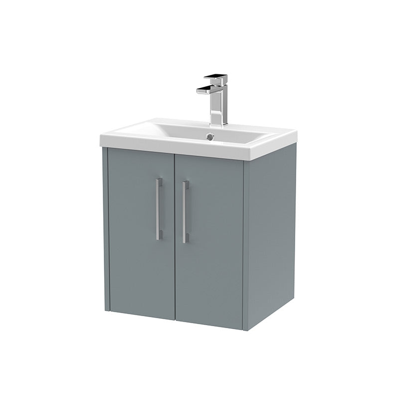 Hudson Reed Juno Wall Hung Double Door 500mm Vanity & Mid-Edge 1 Tap Hole Vitreous China Basin (1 size, 5 colours) - Brand New Bathrooms