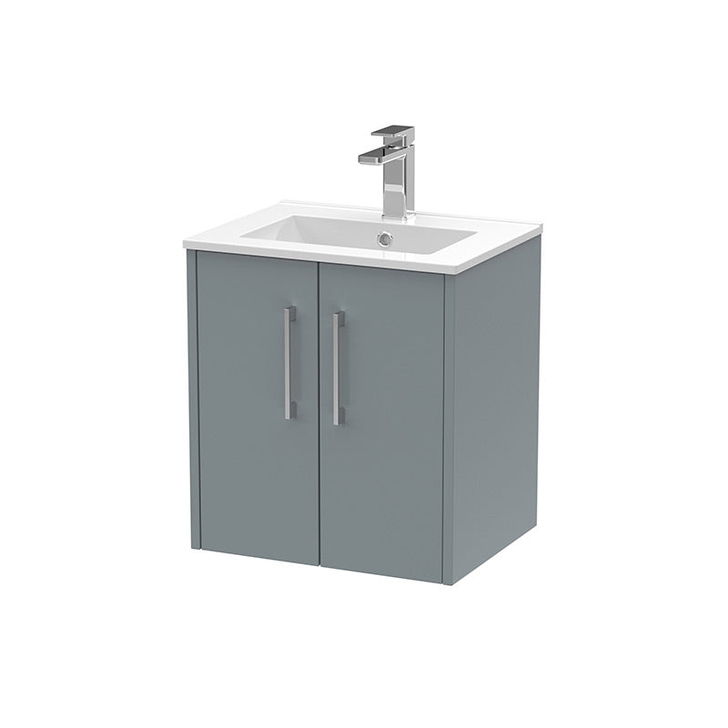 Hudson Reed Juno Wall Hung Double Door 500mm Vanity & Minimalist 1 Tap Hole Vitreous China Basin (1 size, 5 colours) - Brand New Bathrooms