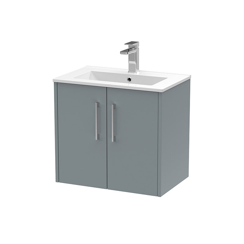 Hudson Reed Juno Wall Hung Double Door 600mm Vanity & Minimalist 1 Tap Hole Vitreous China Basin (1 size, 5 colours) - Brand New Bathrooms