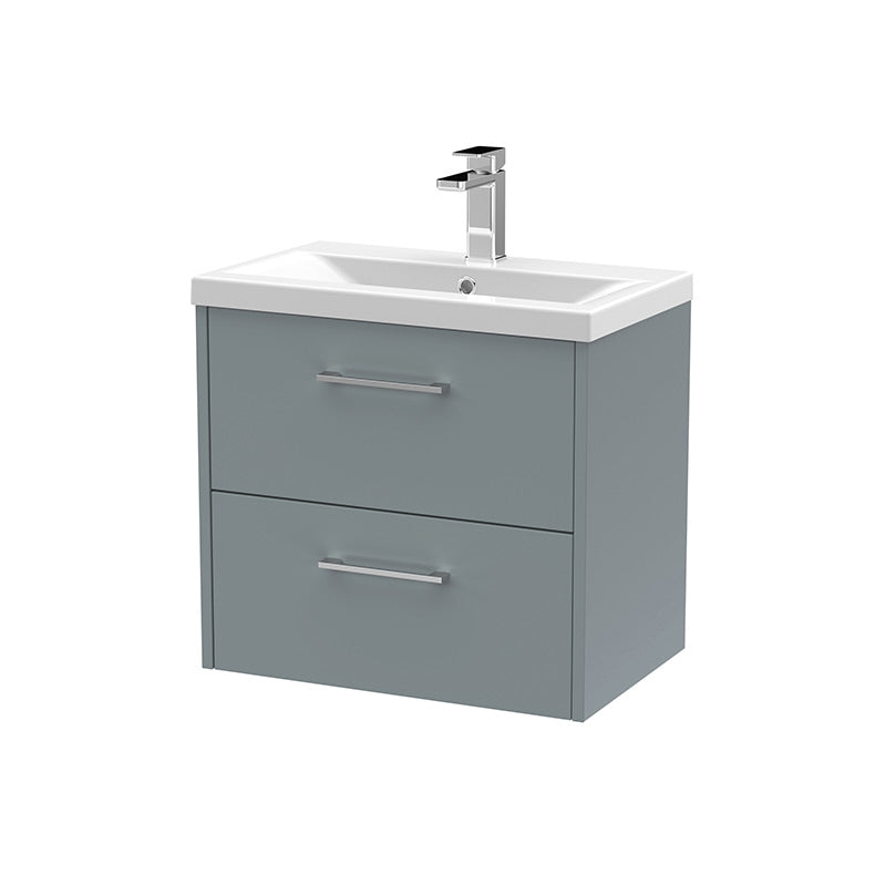 Hudson Reed Juno Wall Hung Double Drawer 600mm Vanity & Mid-Edge 1 Tap Hole Vitreous China Basin (1 size, 5 colours) - Brand New Bathrooms