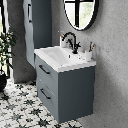 Hudson Reed Juno Wall Hung Double Drawer 600mm Vanity & Mid-Edge 1 Tap Hole Vitreous China Basin (1 size, 5 colours) - Brand New Bathrooms