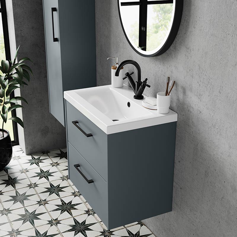 Hudson Reed Juno Wall Hung Double Drawer 800mm Vanity & Mid-Edge 1 Tap Hole Vitreous China Basin (1 size, 5 colours) - Brand New Bathrooms