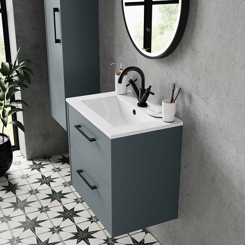 Hudson Reed Juno Wall Hung Double Drawer 800mm Vanity & Minimalist 1 Tap Hole Vitreous China Basin (1 size, 5 colours) - Brand New Bathrooms
