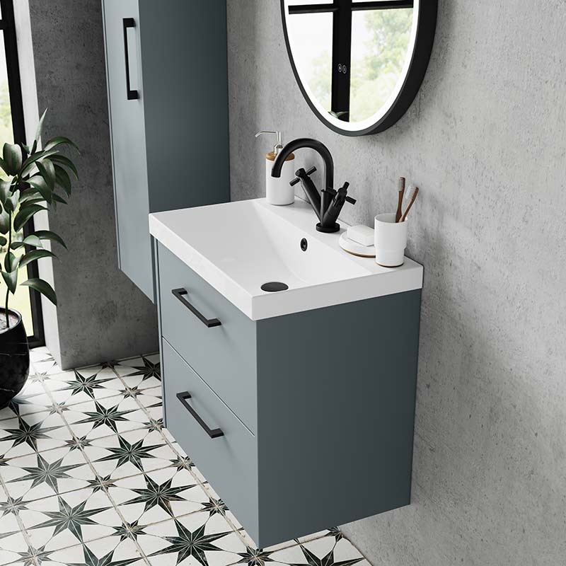 Hudson Reed Juno Wall Hung Double Drawer 800mm Vanity & Thin-Edge 1 Tap Hole Vitreous China Basin (1 size, 5 colours) - Brand New Bathrooms