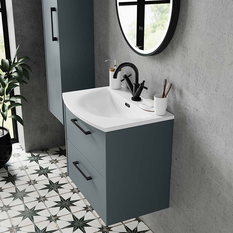 Hudson Reed Juno Wall Hung Double Drawer 800mm Vanity & Curved 1 Tap Hole Vitreous China Basin (1 size, 5 colours) - Brand New Bathrooms
