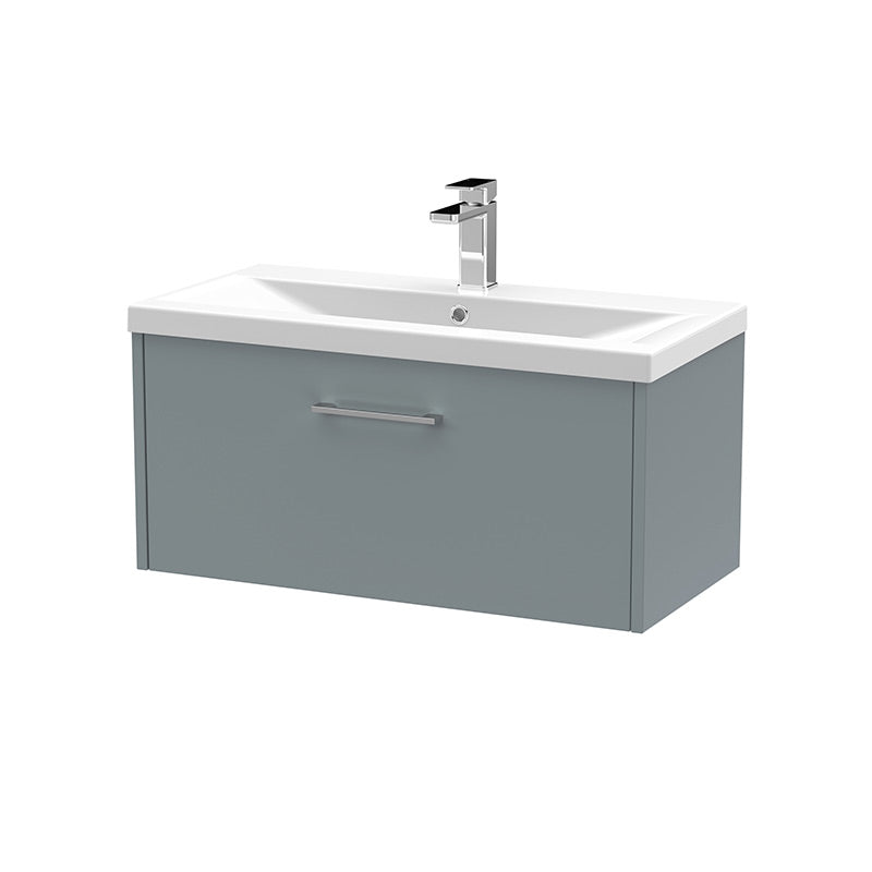 Hudson Reed Juno Wall Hung Single Drawer 800mm Vanity & Mid-Edge 1 Tap Hole Vitreous China Basin (1 size, 5 colours) - Brand New Bathrooms
