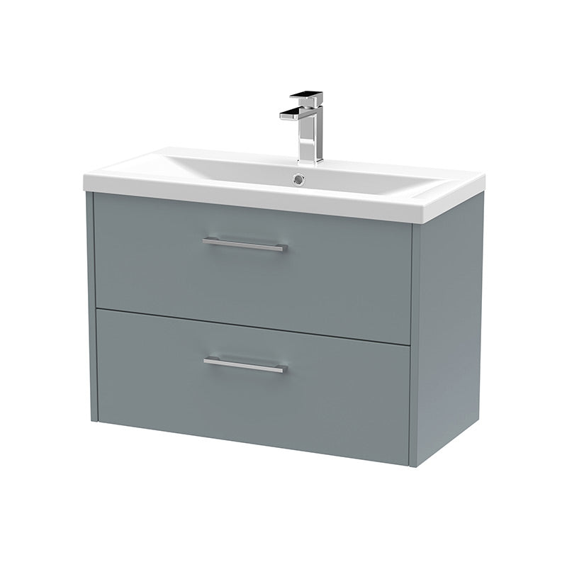 Hudson Reed Juno Wall Hung Double Drawer 800mm Vanity & Mid-Edge 1 Tap Hole Vitreous China Basin (1 size, 5 colours) - Brand New Bathrooms