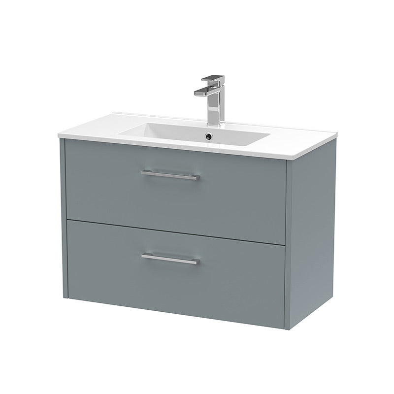 Hudson Reed Juno Wall Hung Double Drawer 800mm Vanity & Minimalist 1 Tap Hole Vitreous China Basin (1 size, 5 colours) - Brand New Bathrooms