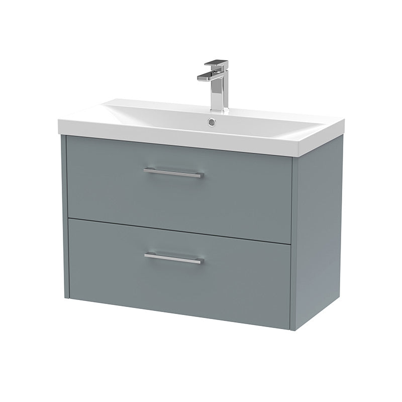 Hudson Reed Juno Wall Hung Double Drawer 800mm Vanity & Thin-Edge 1 Tap Hole Vitreous China Basin (1 size, 5 colours) - Brand New Bathrooms
