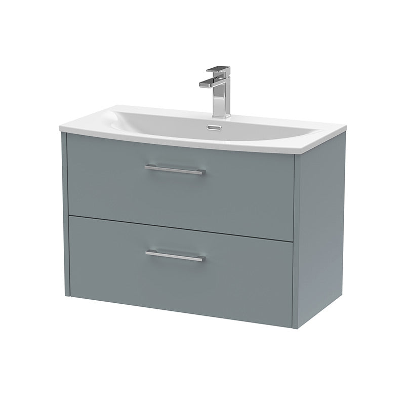 Hudson Reed Juno Wall Hung Double Drawer 800mm Vanity & Curved 1 Tap Hole Vitreous China Basin (1 size, 5 colours) - Brand New Bathrooms