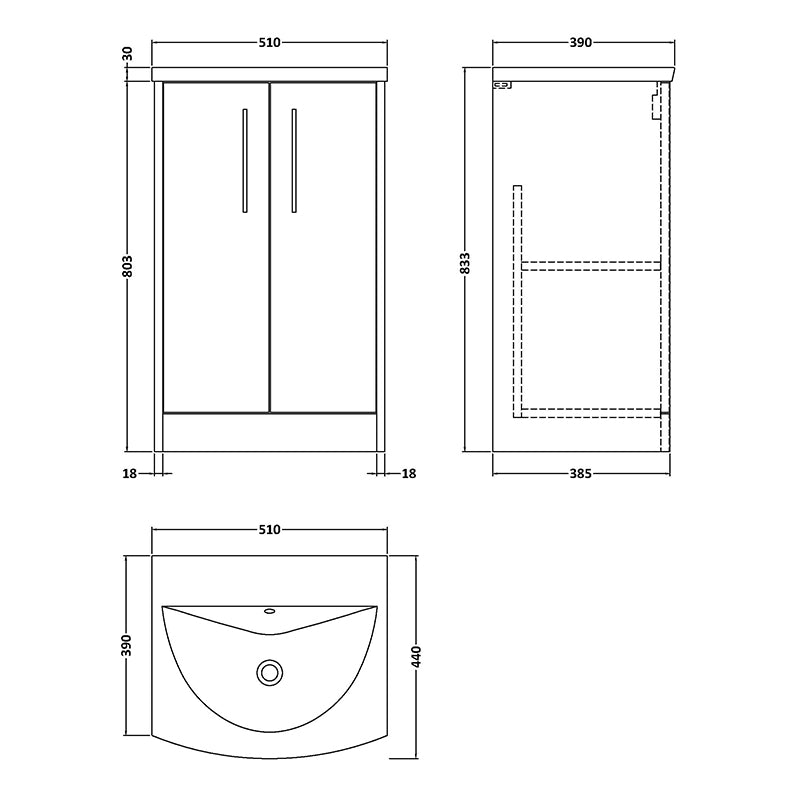 Hudson Reed Juno Floor Standing Double Door 500mm Vanity Basin Unit & Curved Ceramic Basin (1 size, 2 colours) - Brand New Bathrooms