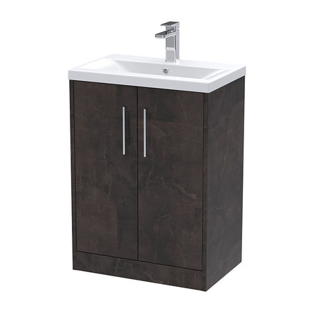 Hudson Reed Juno Floor Standing Double Door 600mm Vanity Basin Unit & Mid-Edge Ceramic Basin (1 size, Metallic Slate) - Brand New Bathrooms