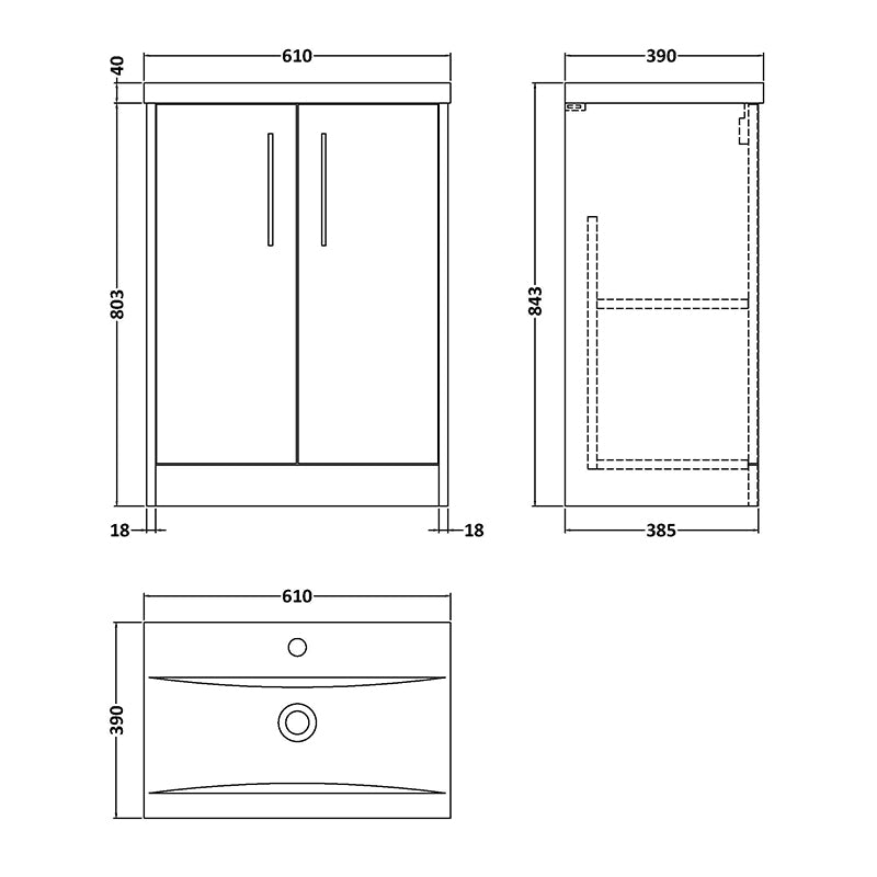 Hudson Reed Juno Floor Standing Double Door 600mm Vanity Basin Unit & Mid-Edge Ceramic Basin (1 size, Metallic Slate) - Brand New Bathrooms
