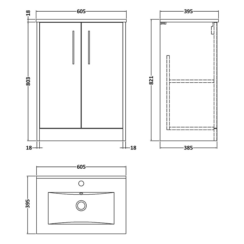 Hudson Reed Juno Floor Standing Double Door 600mm Vanity & Minimalist Ceramic Basin (1 size, 2 colours) - Brand New Bathrooms