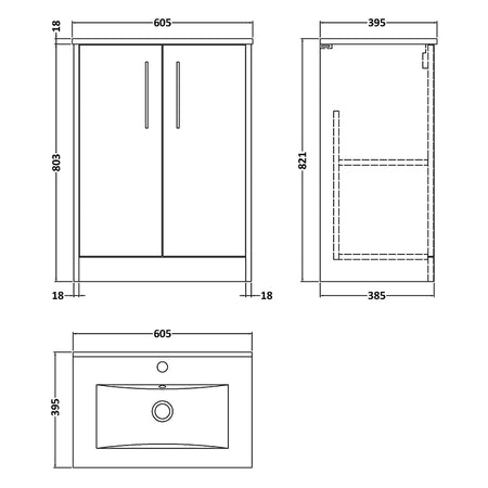 Hudson Reed Juno Floor Standing Double Door 600mm Vanity & Minimalist Ceramic Basin (1 size, 2 colours) - Brand New Bathrooms