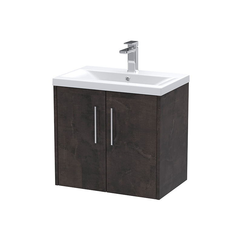 Hudson Reed Juno Wall Hung Double Door 600mm Vanity & Mid-Edge 1 Tap Hole Vitreous China Basin (1 size, 5 colours) - Brand New Bathrooms