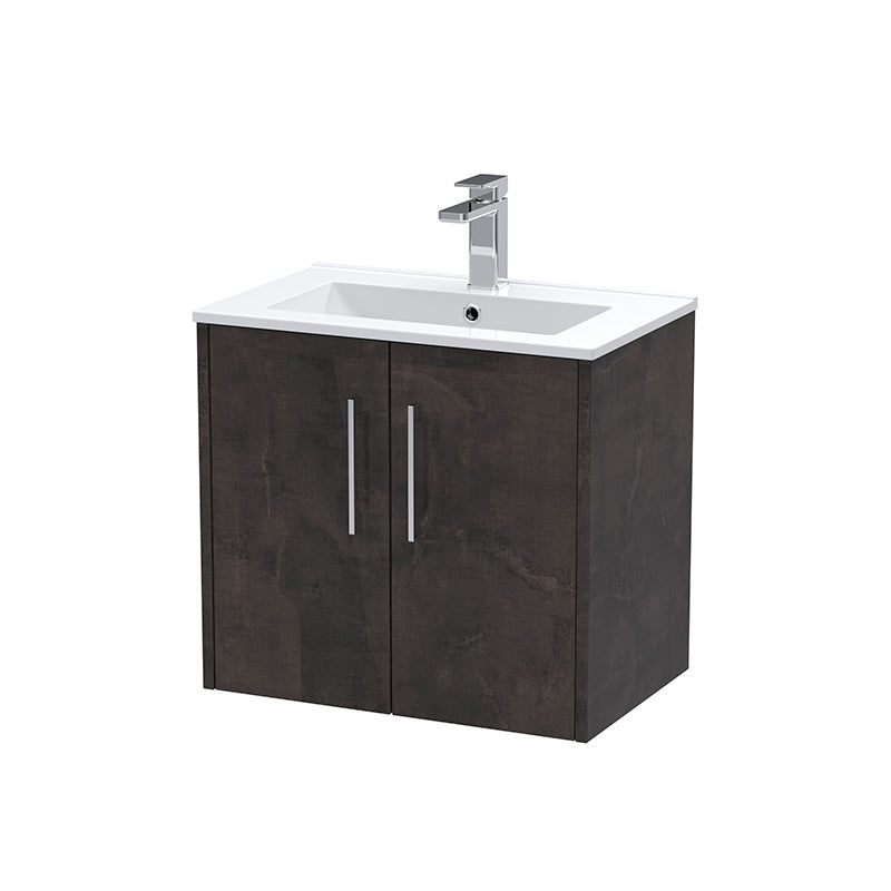 Hudson Reed Juno Wall Hung Double Door 600mm Vanity & Minimalist 1 Tap Hole Vitreous China Basin (1 size, 5 colours) - Brand New Bathrooms