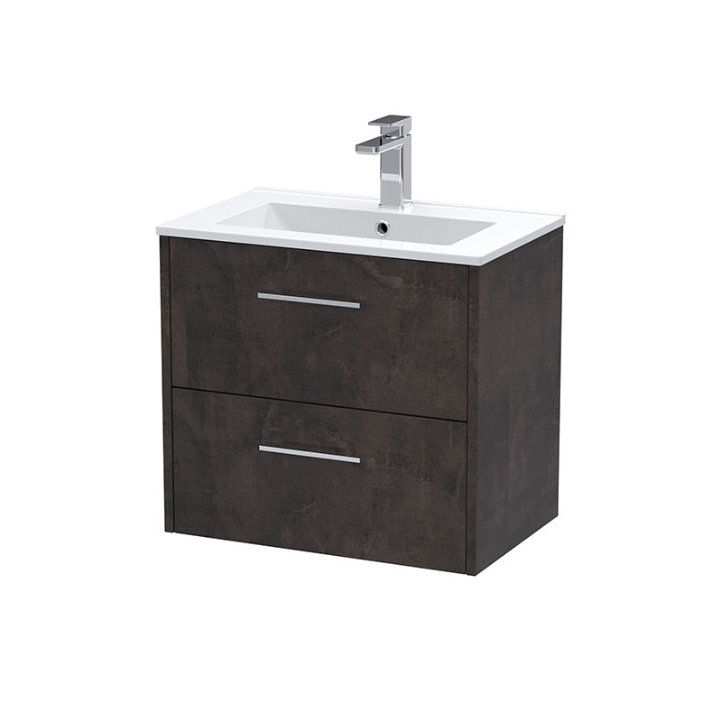 Hudson Reed Juno Wall Hung Double Drawer 600mm Vanity & Minimalist 1 Tap Hole Vitreous China Basin (1 size, 5 colours) - Brand New Bathrooms