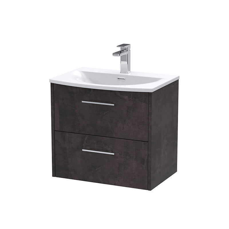 Hudson Reed Juno Wall Hung Double Drawer 600mm Vanity & Curved 1 Tap Hole Vitreous China Basin (1 size, 5 colours) - Brand New Bathrooms