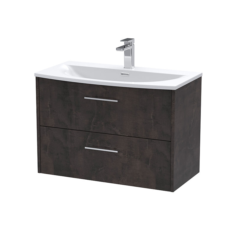 Hudson Reed Juno Wall Hung Double Drawer 800mm Vanity & Curved 1 Tap Hole Vitreous China Basin (1 size, 5 colours) - Brand New Bathrooms
