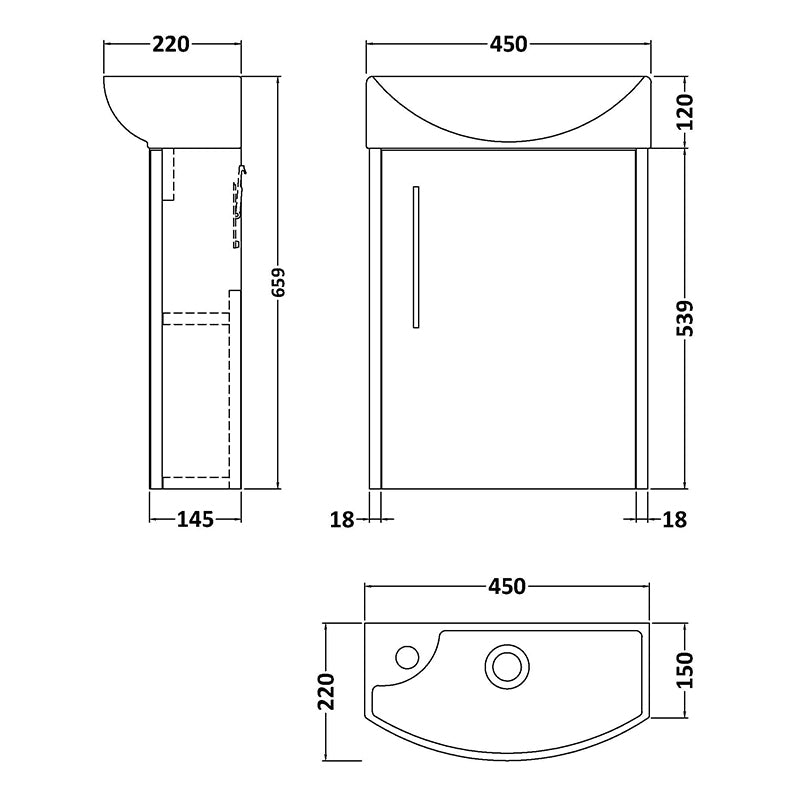 Hudson Reed Juno Compact Wall Hung Single Door 440mm Unit & 1 Tap Hole Right Handed Ceramic Basin (1 size, 2 colours) - Brand New Bathrooms