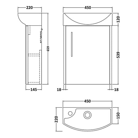 Hudson Reed Juno Compact Wall Hung Single Door 440mm Unit & 1 Tap Hole Right Handed Ceramic Basin (1 size, 2 colours) - Brand New Bathrooms