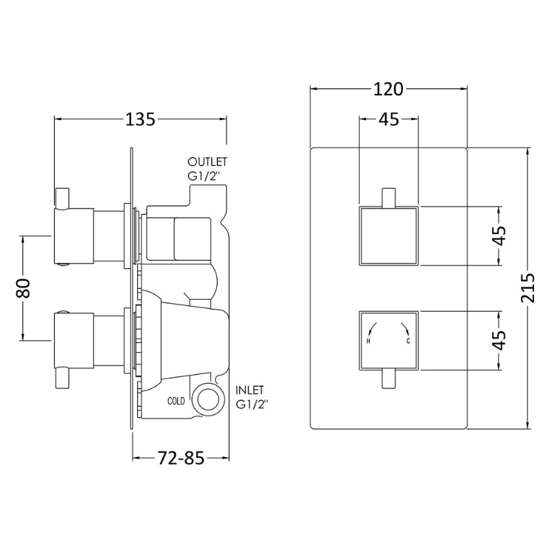 Nuie Square Showers Twin Thermostatic Shower Valve (1 size, Chrome) - Brand New Bathrooms