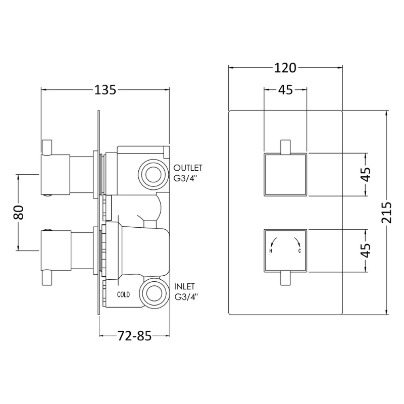 Nuie Square Showers Twin Thermostatic Shower Valve With Diverter (1 size, Chrome) - Brand New Bathrooms
