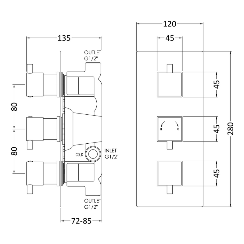 Nuie Square Showers Triple Thermostatic Shower Valve (1 size, Chrome) - Brand New Bathrooms