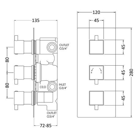 Nuie Square Showers Triple Thermostatic Shower Valve With Diverter (1 size, Chrome) - Brand New Bathrooms