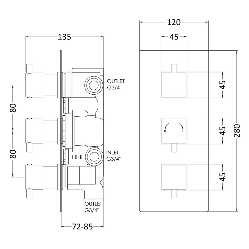 Nuie Square Showers Triple Thermostatic Shower Valve With Diverter (1 size, Chrome) - Brand New Bathrooms