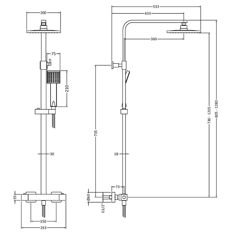 Nuie Square Shower Kits Thermostatic Bar Shower With Kit (1 size, Chrome) - Brand New Bathrooms
