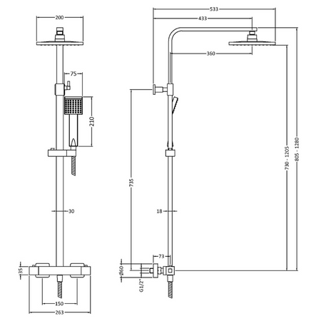 Nuie Square Shower Kits Thermostatic Bar Shower With Kit (1 size, Chrome) - Brand New Bathrooms