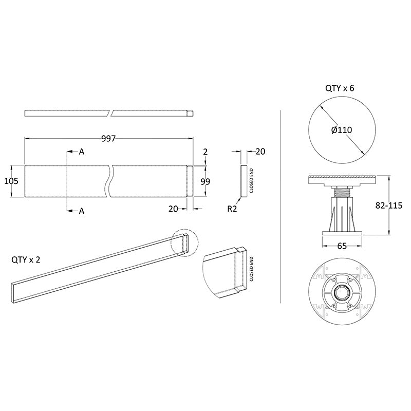 Nuie Leg Set Suitable for 700-900mm Square & Rectangular Trays (1 size, 2 colours)  - Brandnew Bathroom
