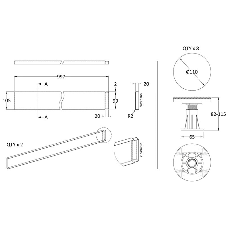 Nuie Leg Set Suitable for 1000mm Square & Rectangular Trays (1 size, 2 colours)  - Brandnew Bathroom