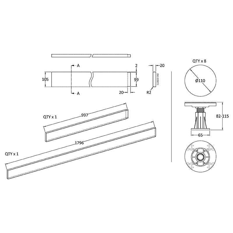 Nuie Leg Set Suitable for 1100-1200mm Rectangular Trays (1 size, 2 colours)  - Brandnew Bathroom