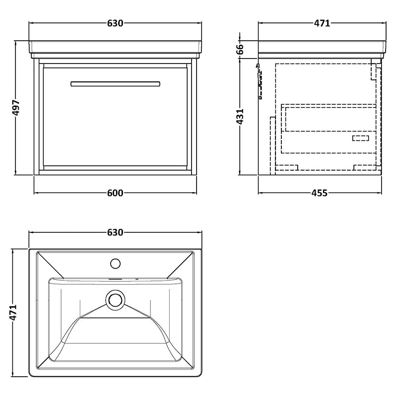 Hudson Reed Lille Wall Hung Single Drawer 600mm Vanity with Fireclay Basin & 1 Tap Hole (1 size, 3 colours) - Brand New Bathrooms