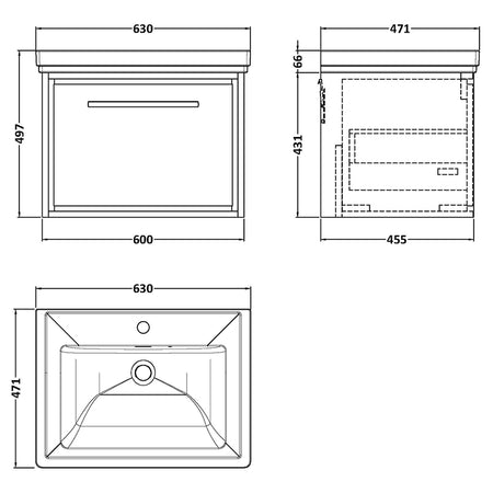 Hudson Reed Lille Wall Hung Single Drawer 600mm Vanity with Fireclay Basin & 1 Tap Hole (1 size, 3 colours) - Brand New Bathrooms