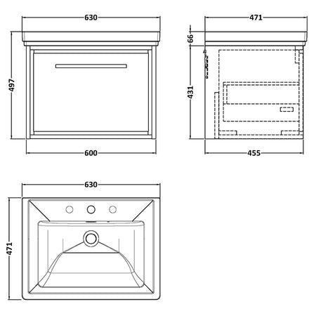 Hudson Reed Lille Wall Hung Single Drawer 600,, Vanity with 3 tap hole Fireclay Basin (1 size, 3 colours) - Brand New Bathrooms