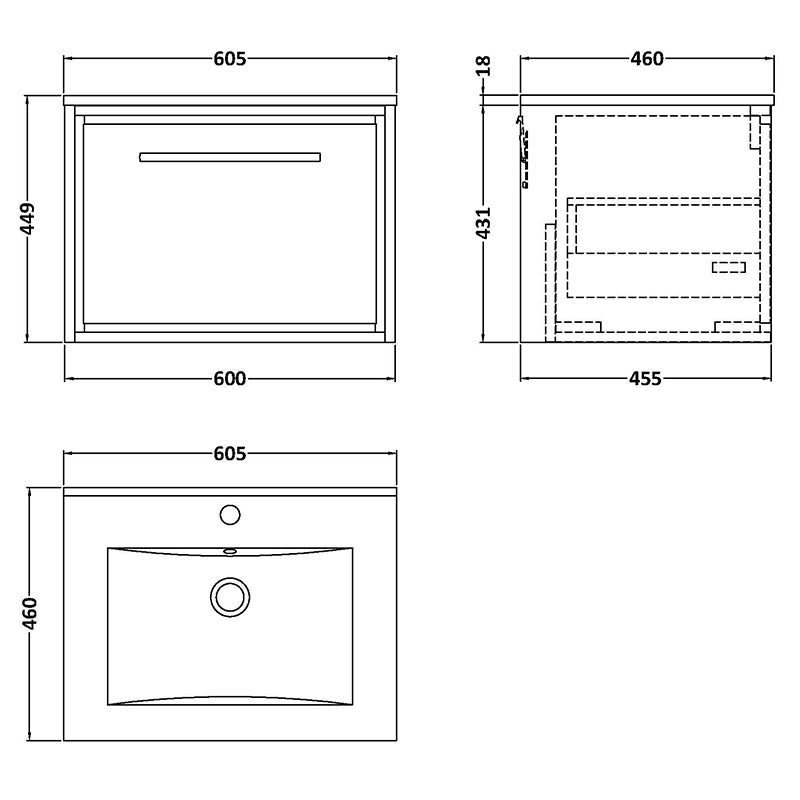 Hudson Reed Lille Wall Hung Single Drawer 600mm Vanity with 1 tap hole Fireclay Basin (1 size, 3 colours) - Brand New Bathrooms