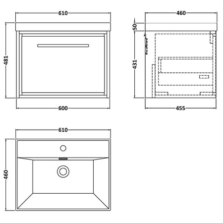 Hudson Reed Lille Wall Hung Single Drawer 600mm Vanity with 1 Tap Hole Vitreous China Basin (1 size, 3 colours) - Brand New Bathrooms
