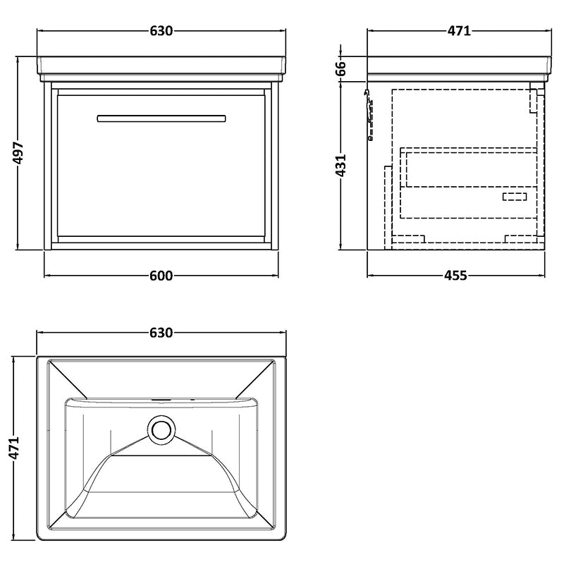 Hudson Reed Lille Wall Hung Single Drawer 600mm Vanity with Fireclay Basin (1 size, 3 colours) - Brand New Bathrooms